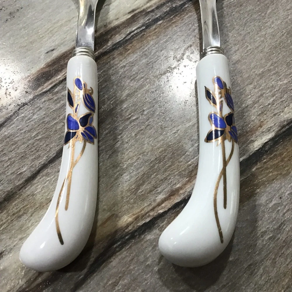 Vintage Salad Serving Set Blue Floral Porcelain Handle Spoon & Fork 8.5” Elegant